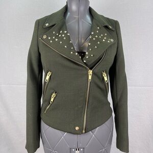 Zara Basic M Army Green Wool Blend Moto Zip Studed Jacket Excellent Classic